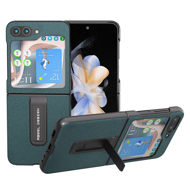 ABEEL For Samsung Galaxy Z Flip5 5G Litchi Texture Back Cover Kickstand Genuine Cow Leather PC Phone Case ABEEL For Samsung Galaxy Z Flip5 5G Litchi Texture Back Cover Kickstand Genuine Cow Leather PC Phone Case